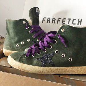 Golden Goose Green Suede High-Top Sneakers with Purple Laces